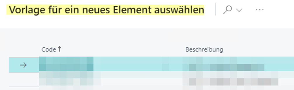 Vorlage für ein neues Element auswählen