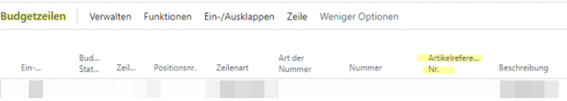 Projektbudget – Budgetzeilen – Spalte „Artikelreferenz Nr.“