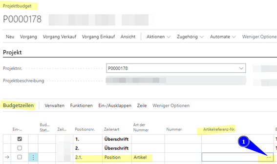 Projektbudget – Budgetzeilen – Spalte „Artikelreferenz Nr.“