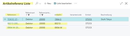 Artikelreferenz Liste – Auswahl Referenznr.
