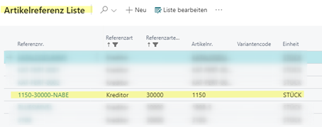 Artikelreferenz Liste - Kreditorenreferenzartikel