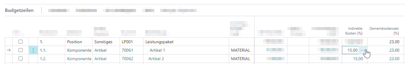Projektbudgetzuschläge bearbeiten