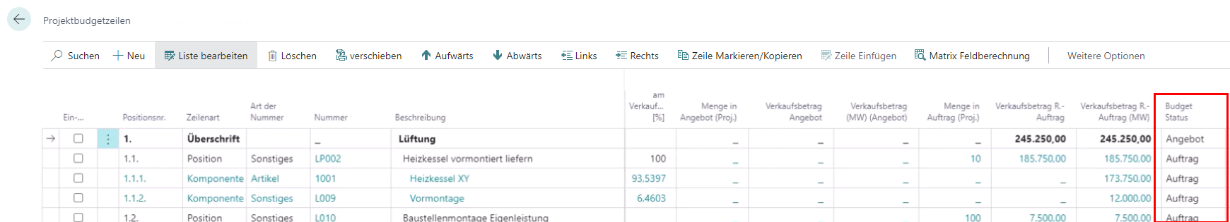 Status Projektbudgetzeile