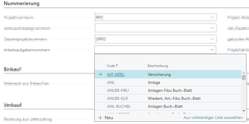 Nummernserie für Arbeitsaufgaben einrichten