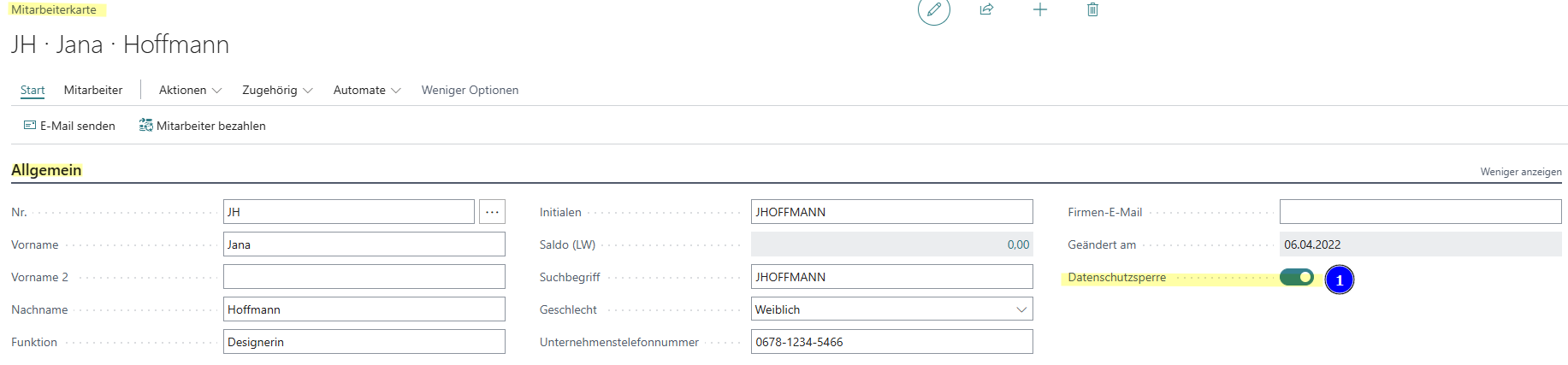 Employee card - data protection lock activated