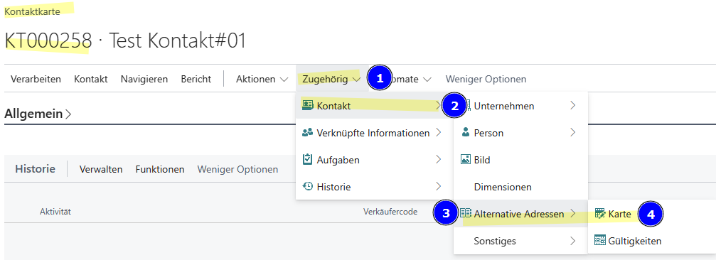 *Contact card* - *Related* (1) - *Contact* (2) - *Alternative addresses* (3) - *Card* (4)