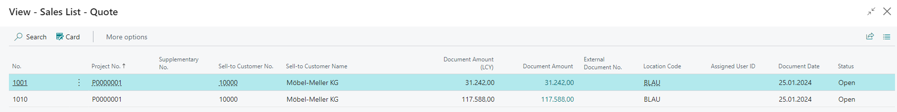 Overview of the Sales Quotes related to a Project