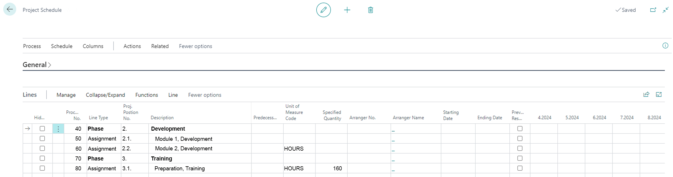 Project Schedule with Transferred Project Budget Lines